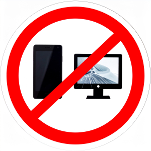 Firefly_A white sign prominently displays a red line crossing a mobile phone and a computer, 572368