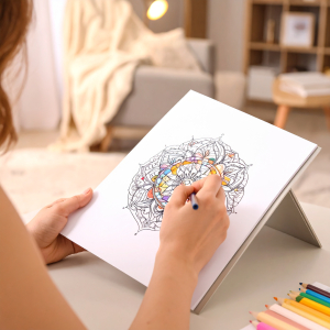 Firefly_A woman with long, wavy hair is hand coloring a mandala coloring page with a color pe 683180